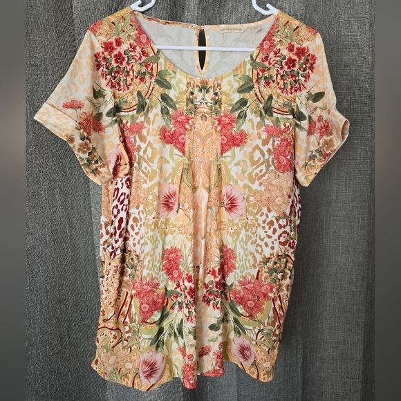 Soft Surroundings Cusabo Top Womens Sz M Leopard Floral Pleated Cuffed Sleeve - Picture 1 of 5